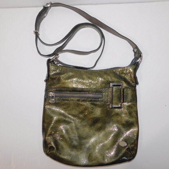 The Trend Womens Green Metallic Shellac Leather Crossbody Shoulder Bag Purse - Picture 1 of 10